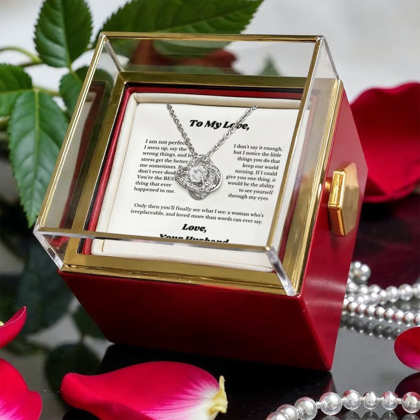 Luxury Rotating Rose Gift Box with Necklace and Message, Gifts for Love, Necklace for Wife From Husband, Valentines Day, Surprise