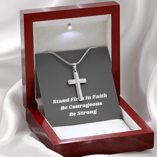 Mens Silver Cross Necklace with Chain and Meaningful Faith Message Card,  Gift of Faith For Men and Boys
