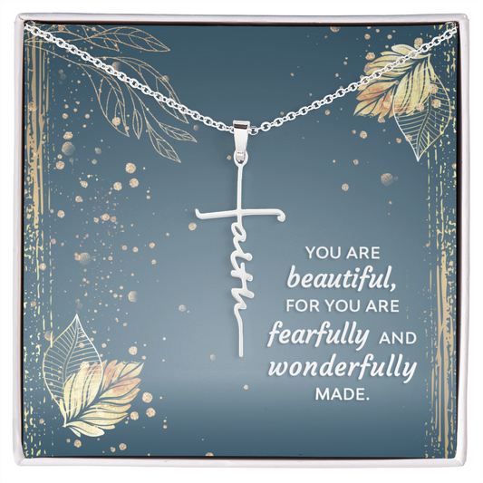 You are beautiful, for you are fearfully and wonderfully made, Faith Cross Necklace, Scripture Encouragement Jewelry Gift, Motivation