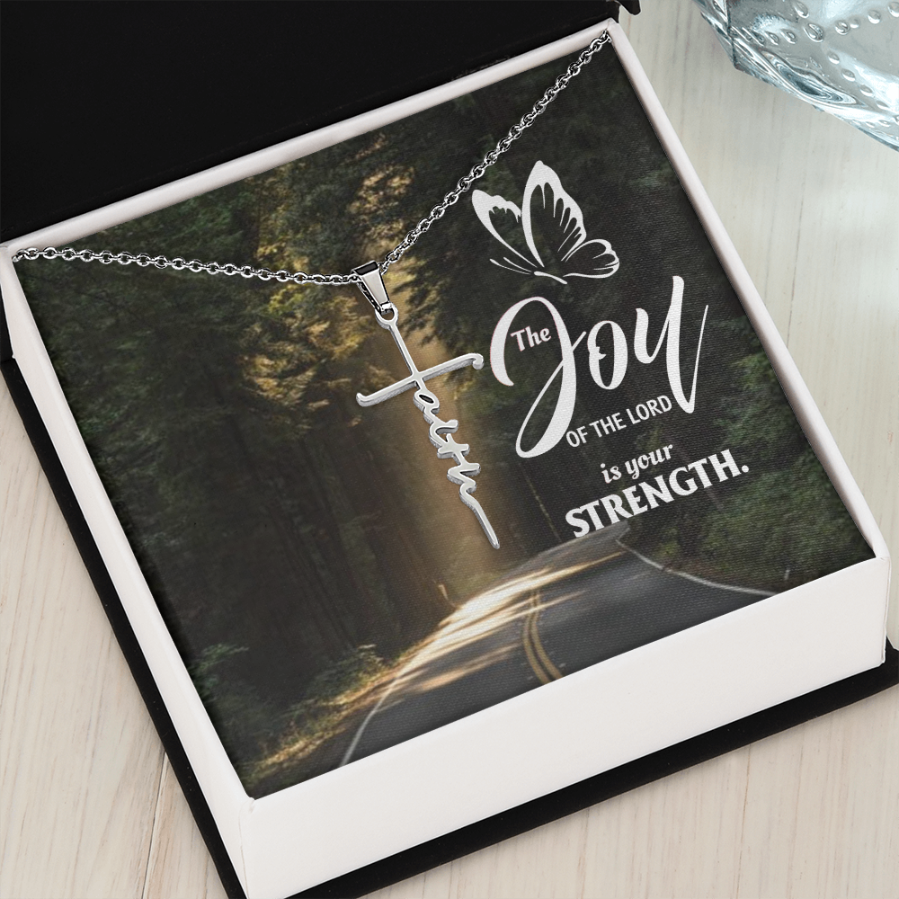 The joy of the lord is your strength, Faith Cross Necklace, Scripture Encouragement Jewelry Gift, Motivation