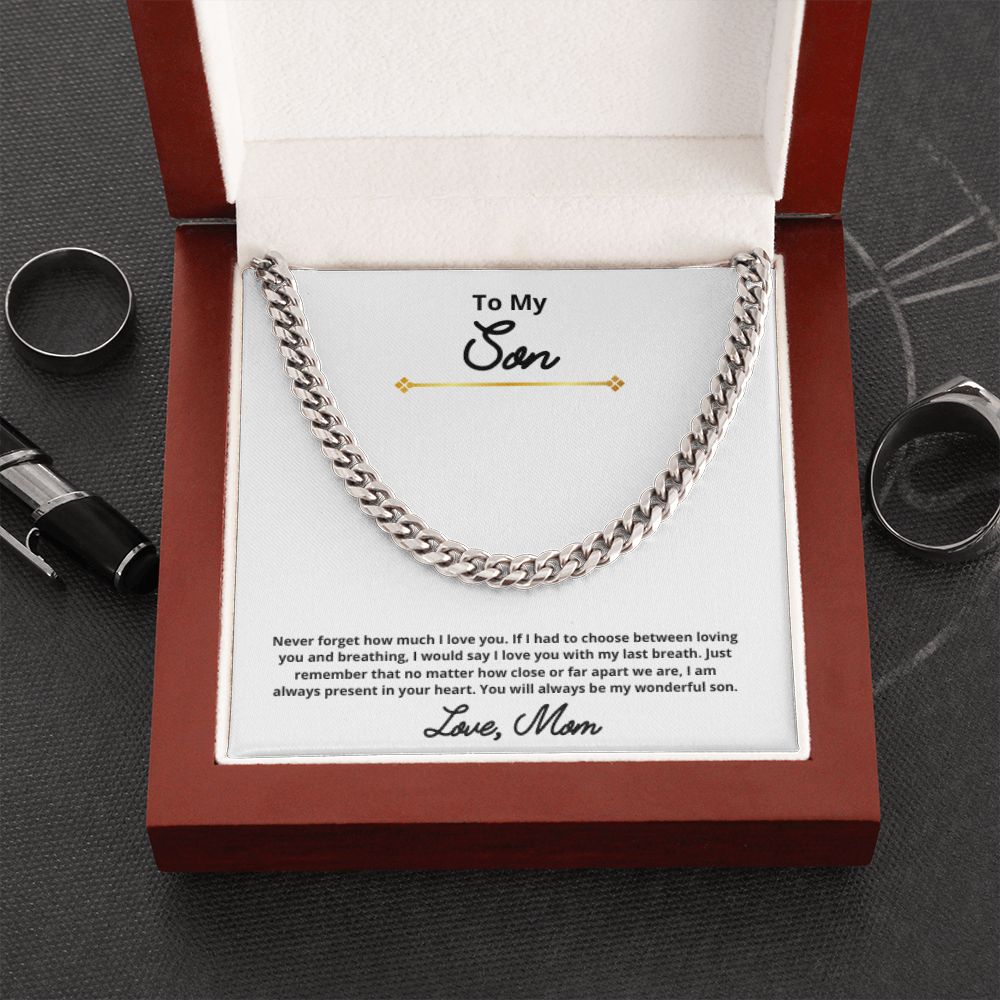 To My Son Necklace, Mother Son Necklace, Mother to Son Birthday Gift, Gifts to Son from Mom, Cuban Link Chain Necklace Gift, Message Card Jewelry