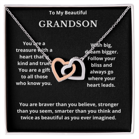 To Grandson Interlocking Hearts Necklace, Present For Grandson Birthday/Christmas Gifts For Grandson Jewelry Grandson Wedding Day Gifts